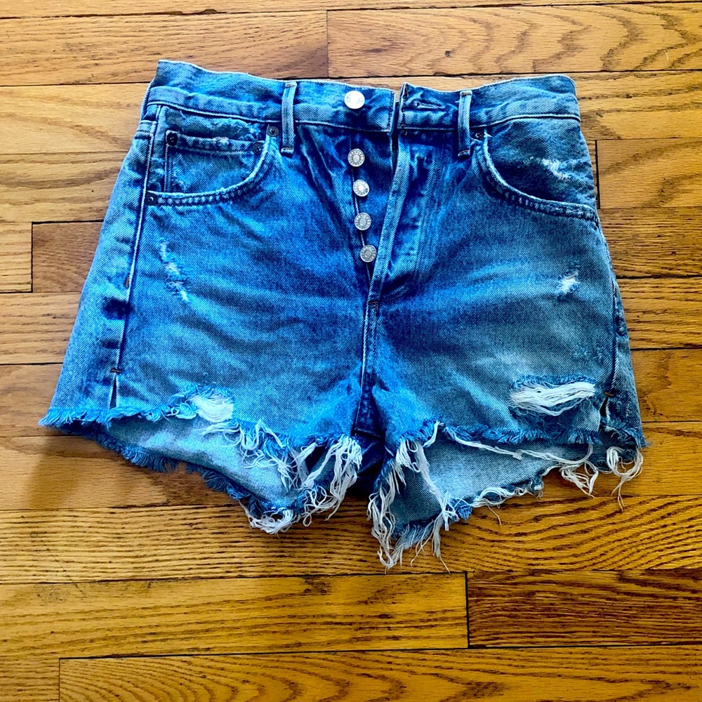 Agolde Jaden High Rise Cutoff Blue Denim Shorts In Surreal. Button fly. Size 24.